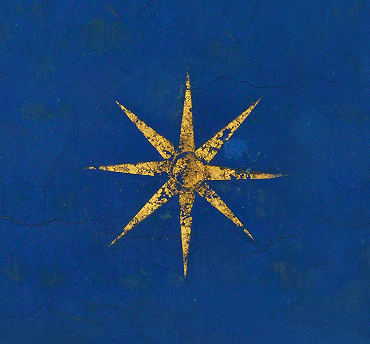 Dettaglio di una stella del cielo stellato della Cappella degli Scrovegni di Padova, affrescato da Giotto. Affresco, Azzurrite, Foglia D'Oro, grande maestria della Bottega di Giotto di Bondone, queste sono le qualità che hanno creato uno dei grandi capolavori della storia dell'arte italiana.