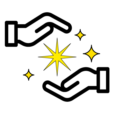 Icona del sito House of Arts che parla di Handmade. Due mani stilizzate racchiudono una stella gialla a otto punte impreziosita da dettagli scintillanti.